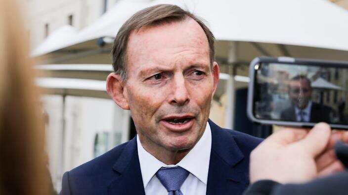 Former Australian prime minister Tony Abbott addresses the media at Hobart, Tasmania,