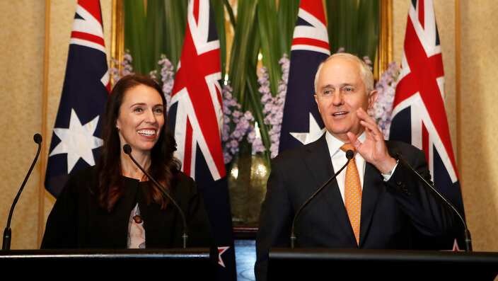 Australian Prime Minister Malcolm Turnbull talks as New Zealand Prime Minister Jacinda Ardern listens