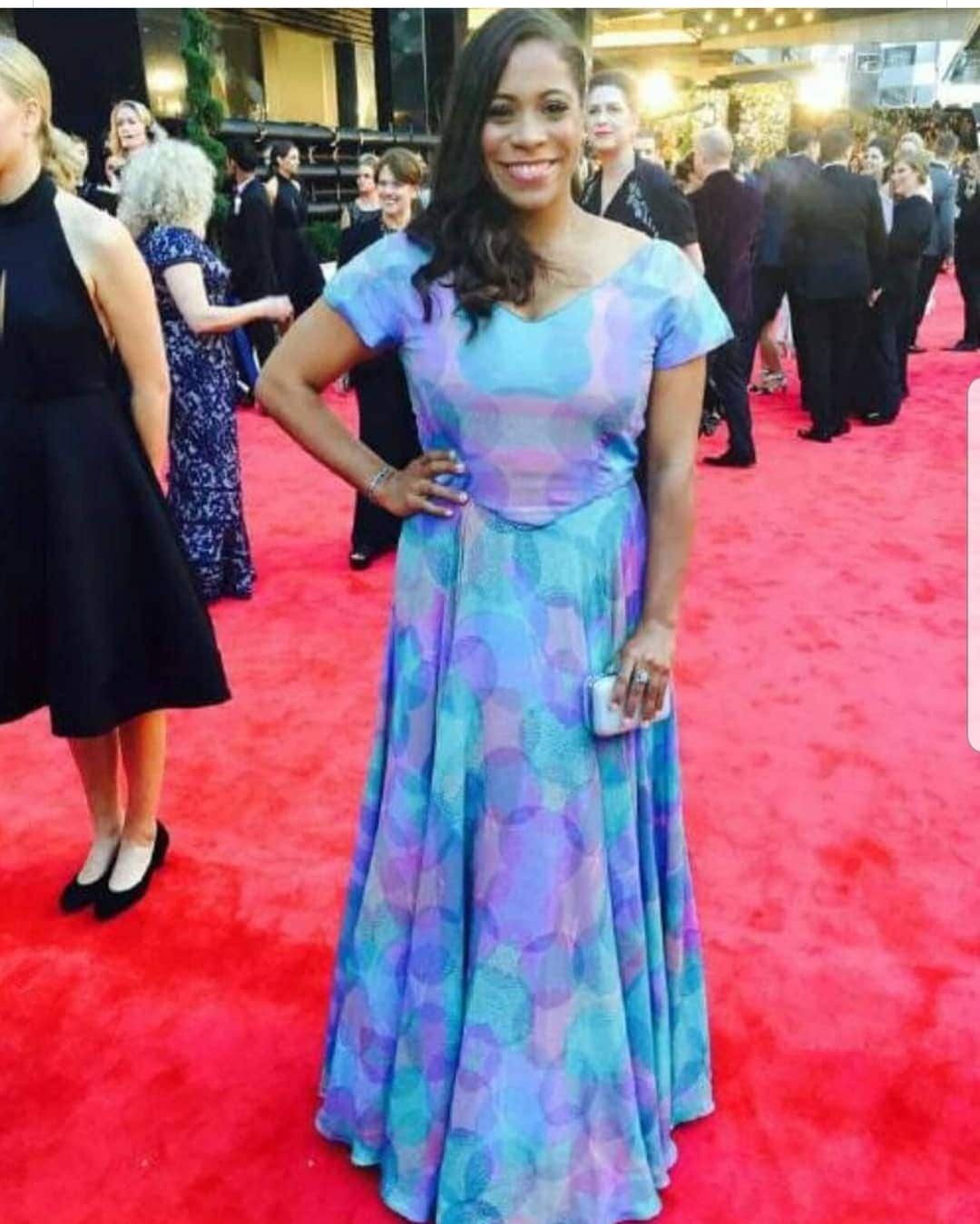 Wentworth actress Shareena Clanton wearing fashion designer Colleen Tighe-Johnson’s dress on the Logies red carpet.