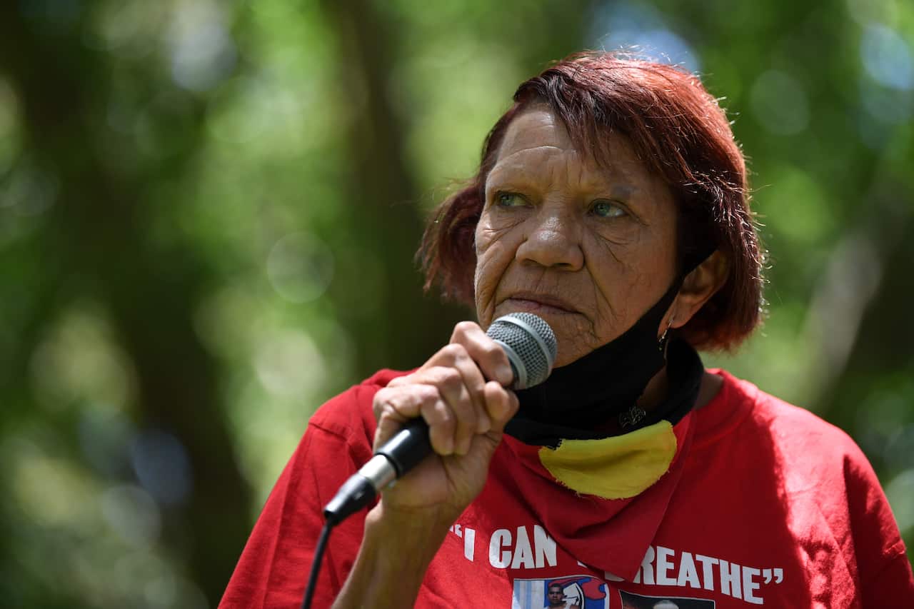 Leetona Dungay, mother of David Dungay Jr, speaks  during a Black Lives Matter rally in Sydney on Monday.