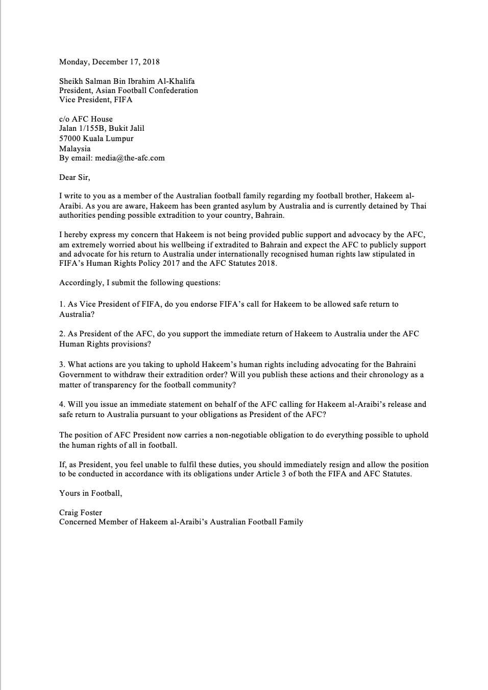 Craig Foster's letter