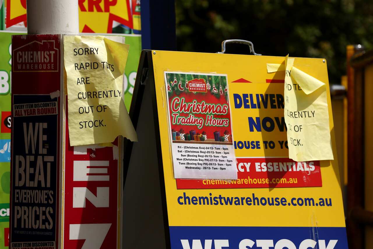 Signs indicating that this chemist is out of Covid-19 rapid antigen tests (RAT) are seen, Brisbane Sunday, January 2, 2022. (AAP Image/Danny Casey) NO ARCHIVING