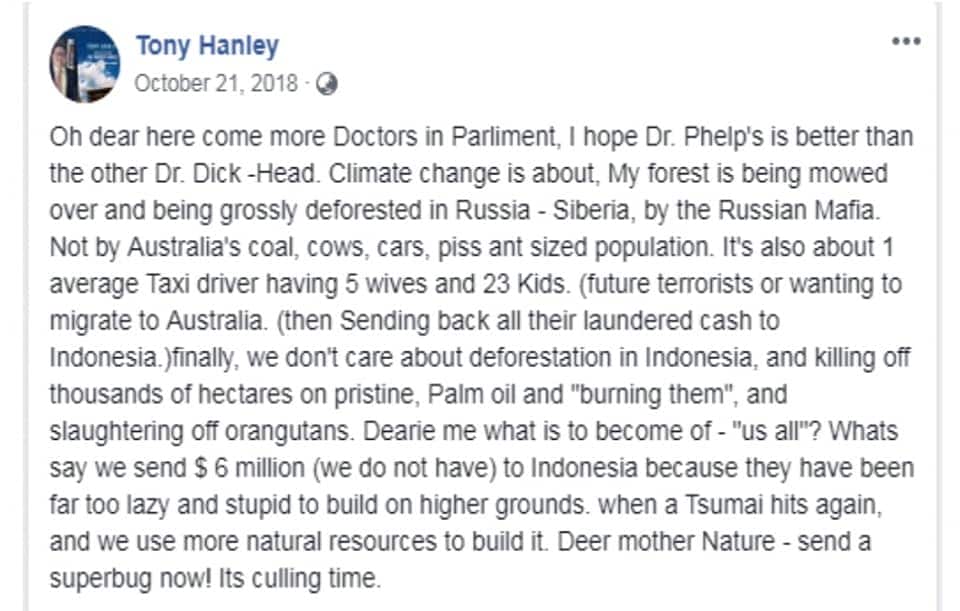 A Facebook post with profile name Tony Hanley