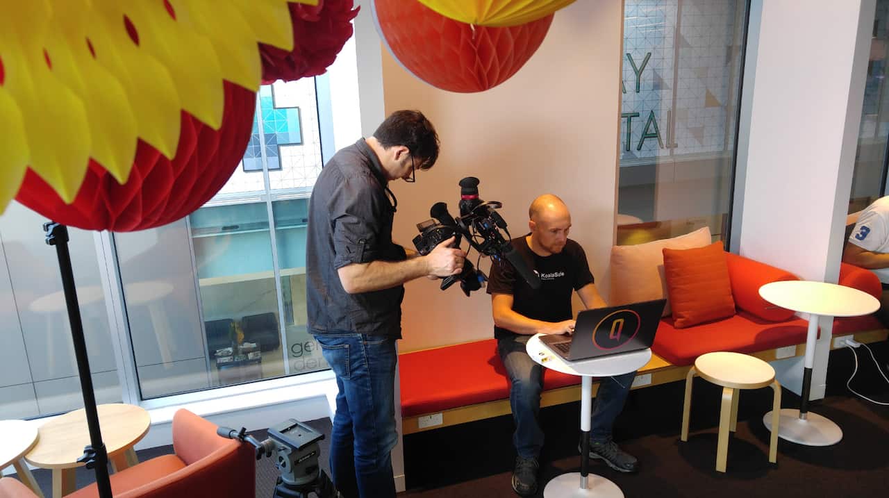 Adam Mills demonstrates the functions of KoalaSafe on his laptop.