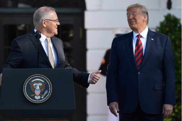 Prime Minister Scott Morrison and Donald Trump share a joke during speeches