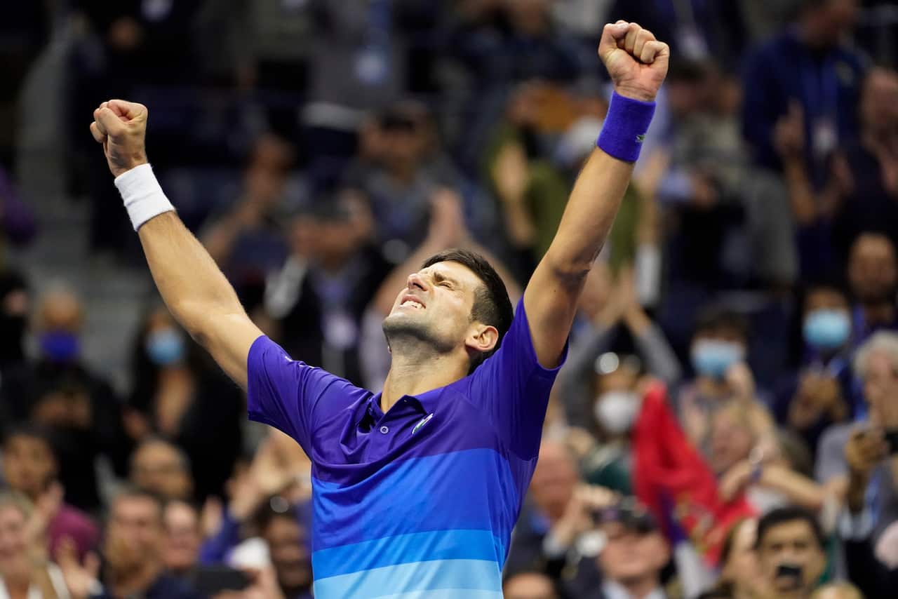 Novak Djokovic, of Serbia, reacts after defeating Alexander Zverev, of Germany, during the semifinals of the US Open tennis championships, Friday, Sept. 10, 2021, in New York. (AP Photo/John Minchillo)