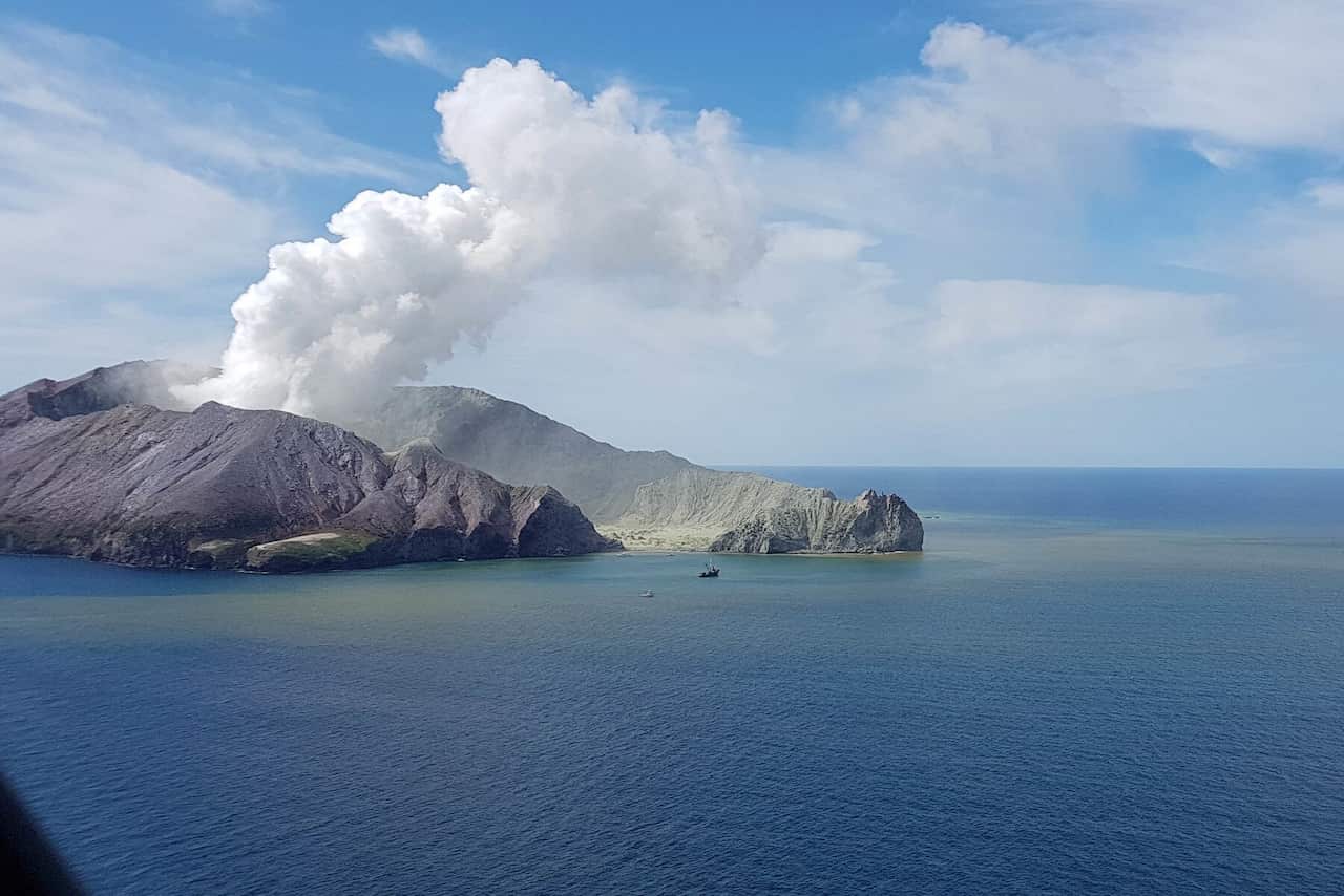 A supplied image taken on Monday, December 9, 2019, by crew aboard the Auckland Westpac Rescue Helicopter, of New Zealand's Whakaari of a volcanic eruption.