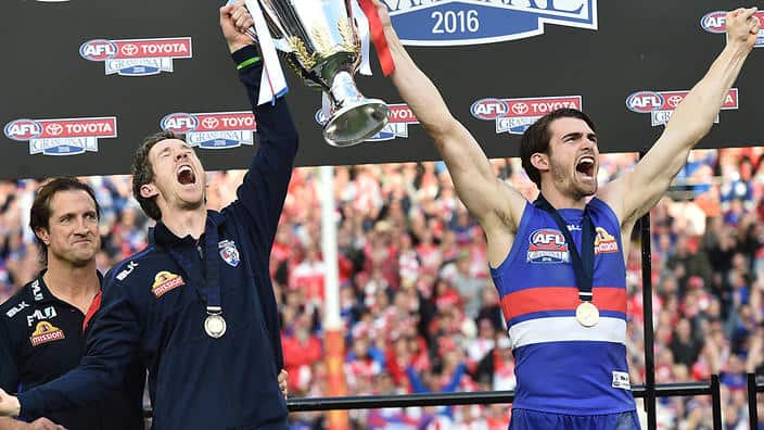 Western Bulldogs celebrate winning the AFL flag