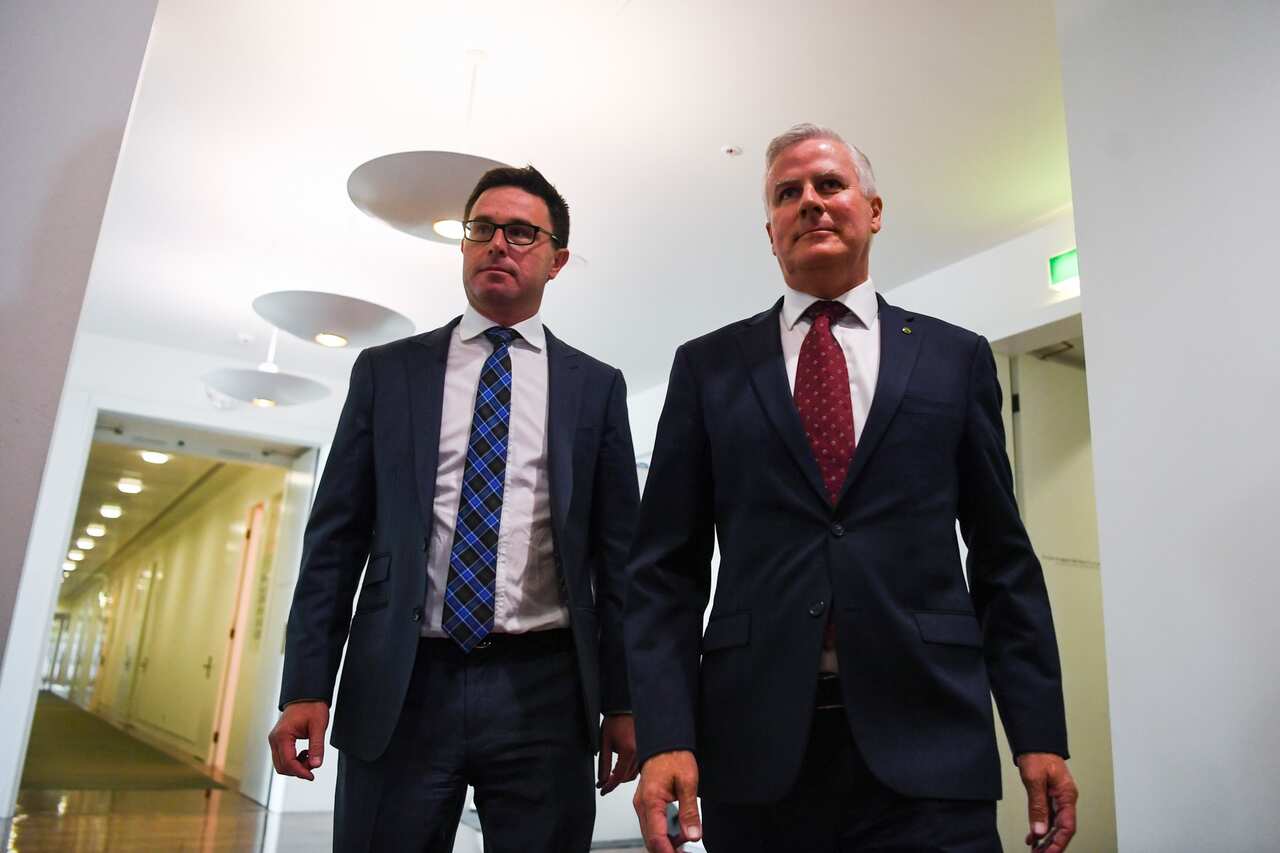 Re-elected Nationals Party leader Michael McCormack (right) and newly-elected Deputy leader David Littleproud in Canberra, Tuesday, February 4, 2020