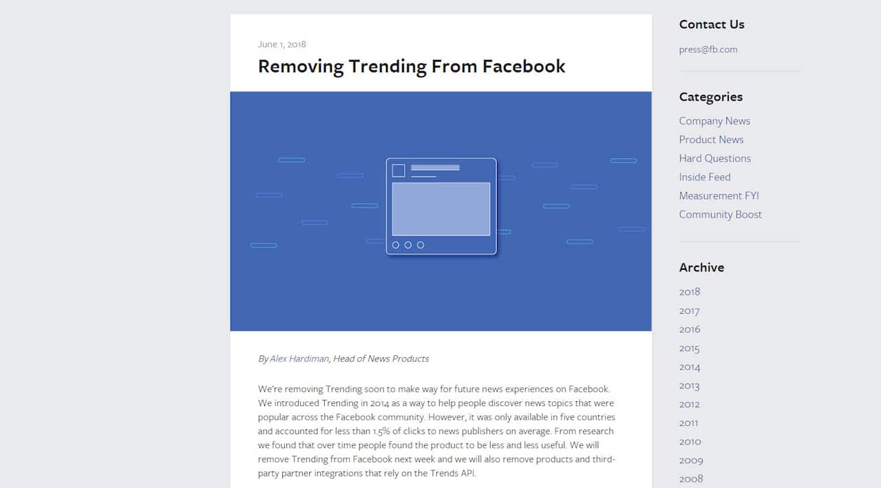 Facebook previously said it would remove the "Trending" feature from it's site.