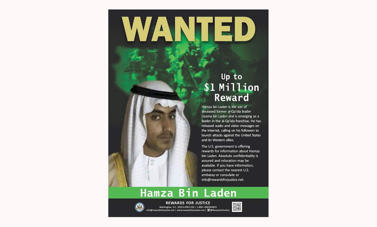 A US Department of State reward poster for Hamza bin Laden. 