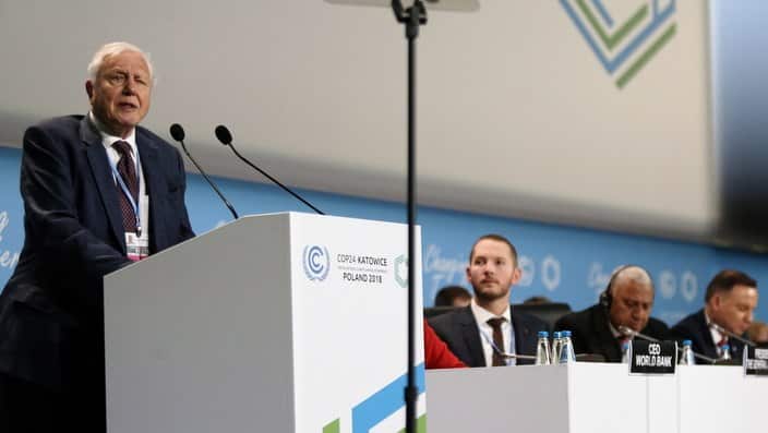 British naturalist and TV personality David Attenborough speaks in the opening ceremony of the COP24 summit in Katowice, Poland 