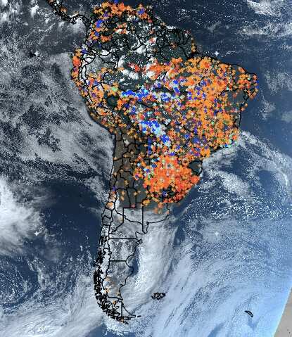 Satellite data from Brazilian space agency Inpe shows fires burning in the Amazon rainforest.