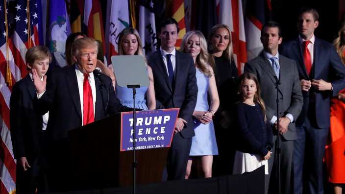President-elect Donald Trump gives his acceptance speech as he is surrounded by his family arrives at his election night rally, Wednesday, Nov. 9, 2016, in New York. (AP Photo/Mary Altaffer)