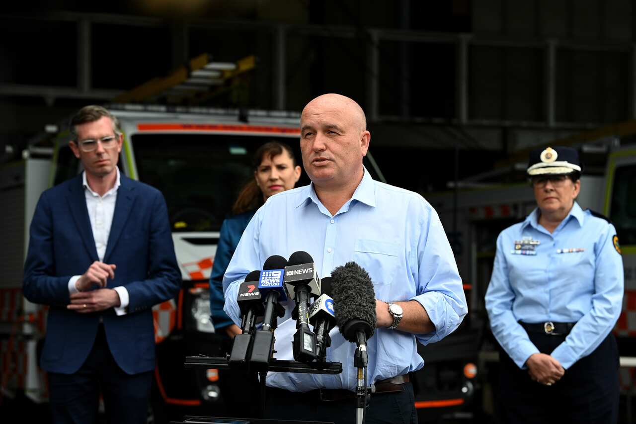 NSW Police Minister David Elliott speaks to the media during a press conference at the Bass Hill Operations Centre in Sydney, Sunday, November 28, 2021. The Premier provide an update on COVID quarantine arrangements in NSW, was briefed on the states flood