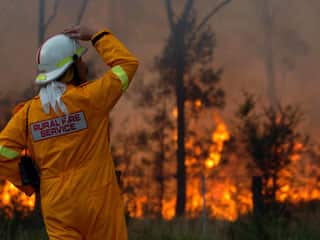 A firefighter watching the flames of a bushfire.