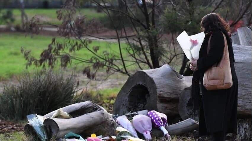 Flowers at a makeshift memorial for Courtney Herron whose body was found in Royal Park, Melbourne. 