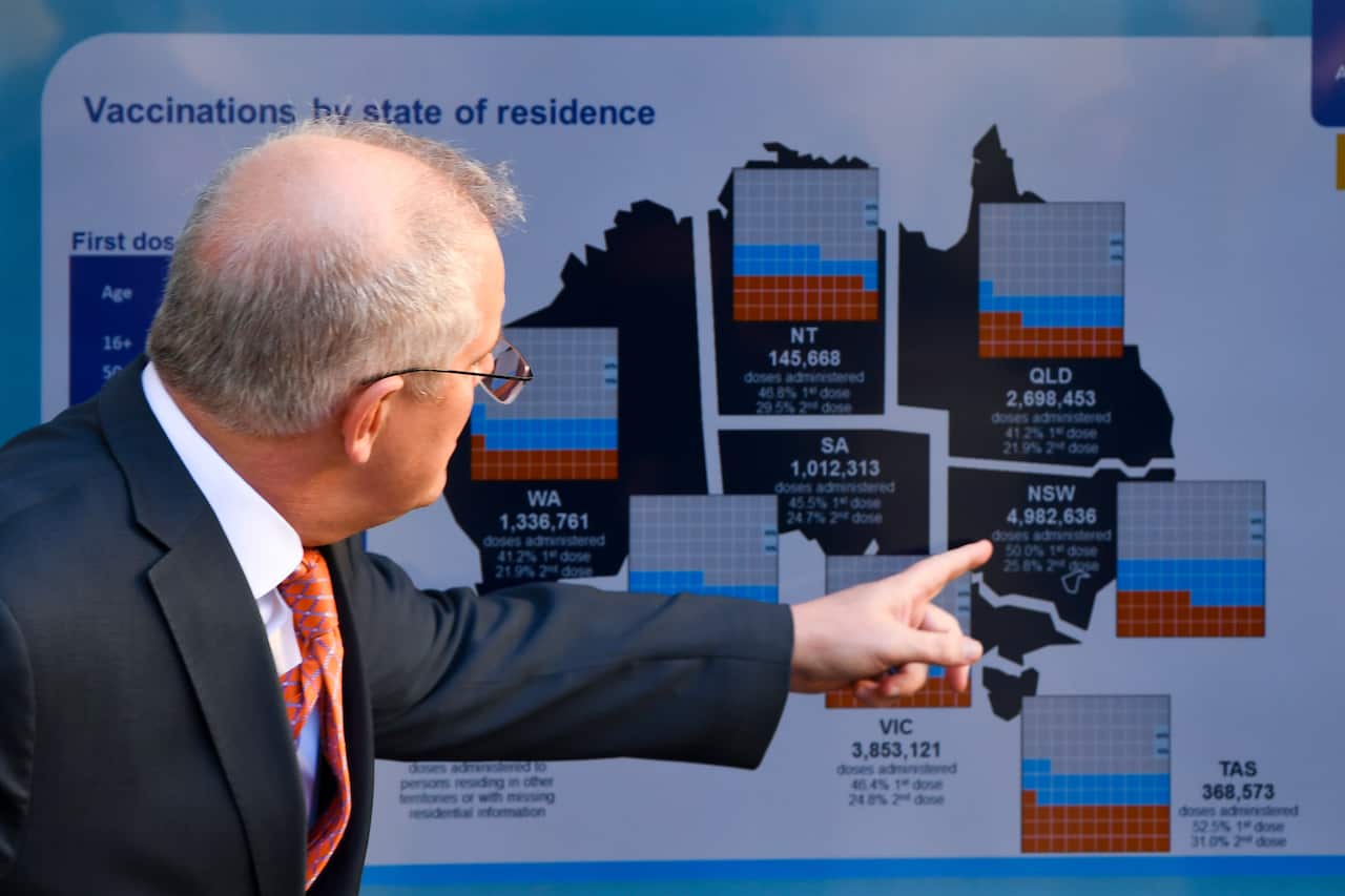  Prime Minister Scott Morrison speaks to the media during a press conference following a national cabinet meeting, at Parliament House in Canberra, Friday, August 13, 2021. (AAP Image/Lukas Coch) NO ARCHIVING
