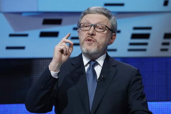 Grigory Yavlinsky speaks during a televised debate on Channel One, part of the Russian presidential election. 