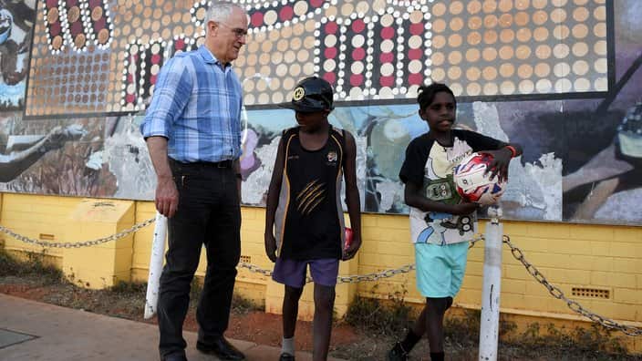 Prime Minister Malcolm Turnbull speaks with local kids at Tennant Creek, in the Northern Territory.