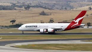 A Qantas Airbus A380 passenger plane landing at Tullamarine.