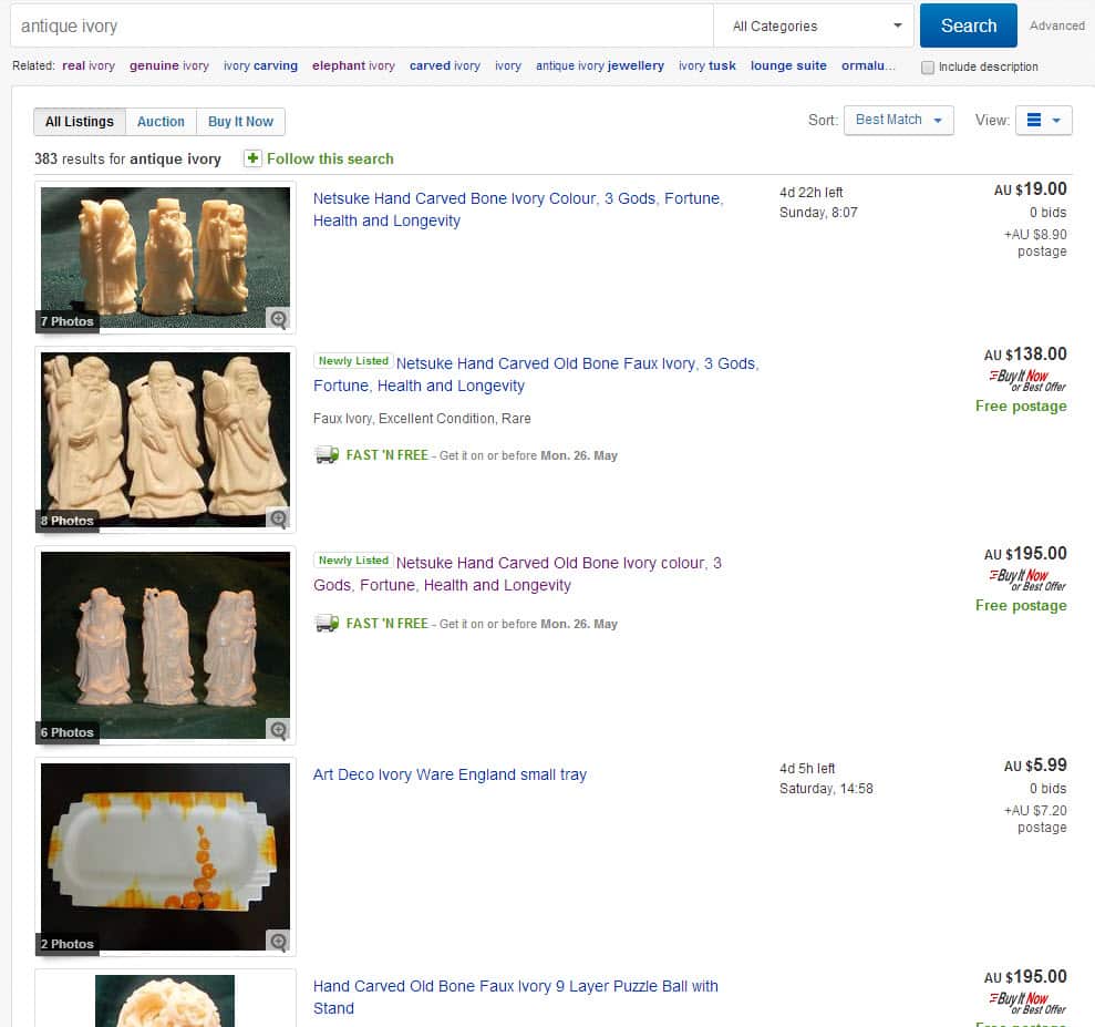 Although companies like eBay have prohibited the sale of illegal animal products, sellers can evade detection by adding words such as "antiques" or "faux" to their listings. (Screenshot: SBS)
