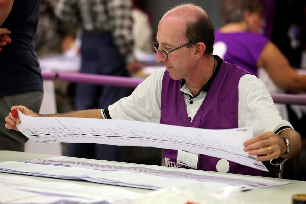 A polling official checks a ballot paper from the WA Senate re-run at an AEC counting centre at Belmont, Perth, Thursday, April 10, 2014. (AAP Image/Richard Wainwright) NO ARCHIVING