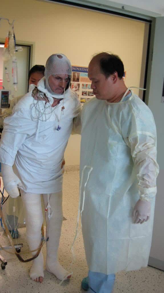 Bernie Schulte learning to walk again. 