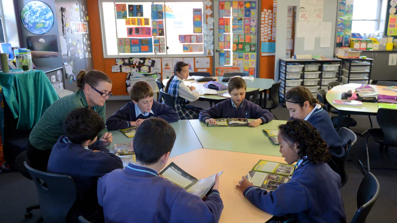 Children sitting around a table read from books in a classroom with a teacher