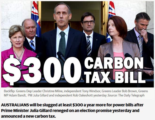 The Daily Telegraph's coverage of the introduction of the Gillard government's carbon tax. (Soure: The Daily Telegraph)