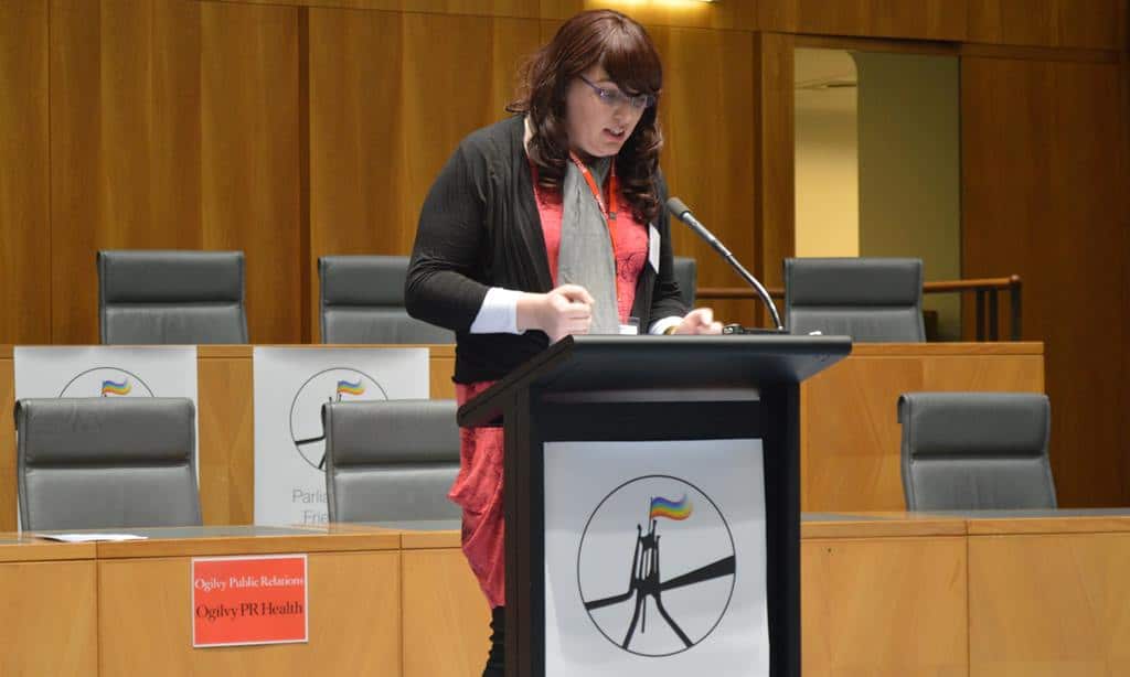 Kate Doak speaking at Parliament House, 16th July, 2014. (Source: supplied)