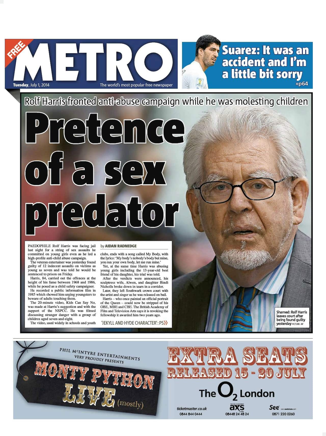 Rolf Harris on the front page of Metro, Tuesday 1 July 2014 