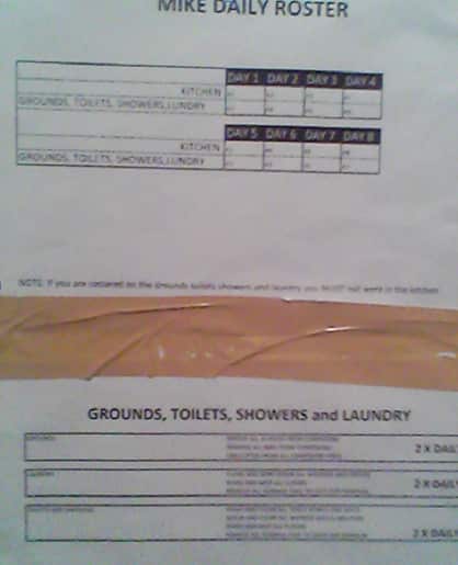 Detainees have told SBS they are carrying out a number of duties previously performed by Papua New Guinea staff. This roster reads 'kitchen grounds, toilets, showers and laundry.' (Image: Asher Wolf)