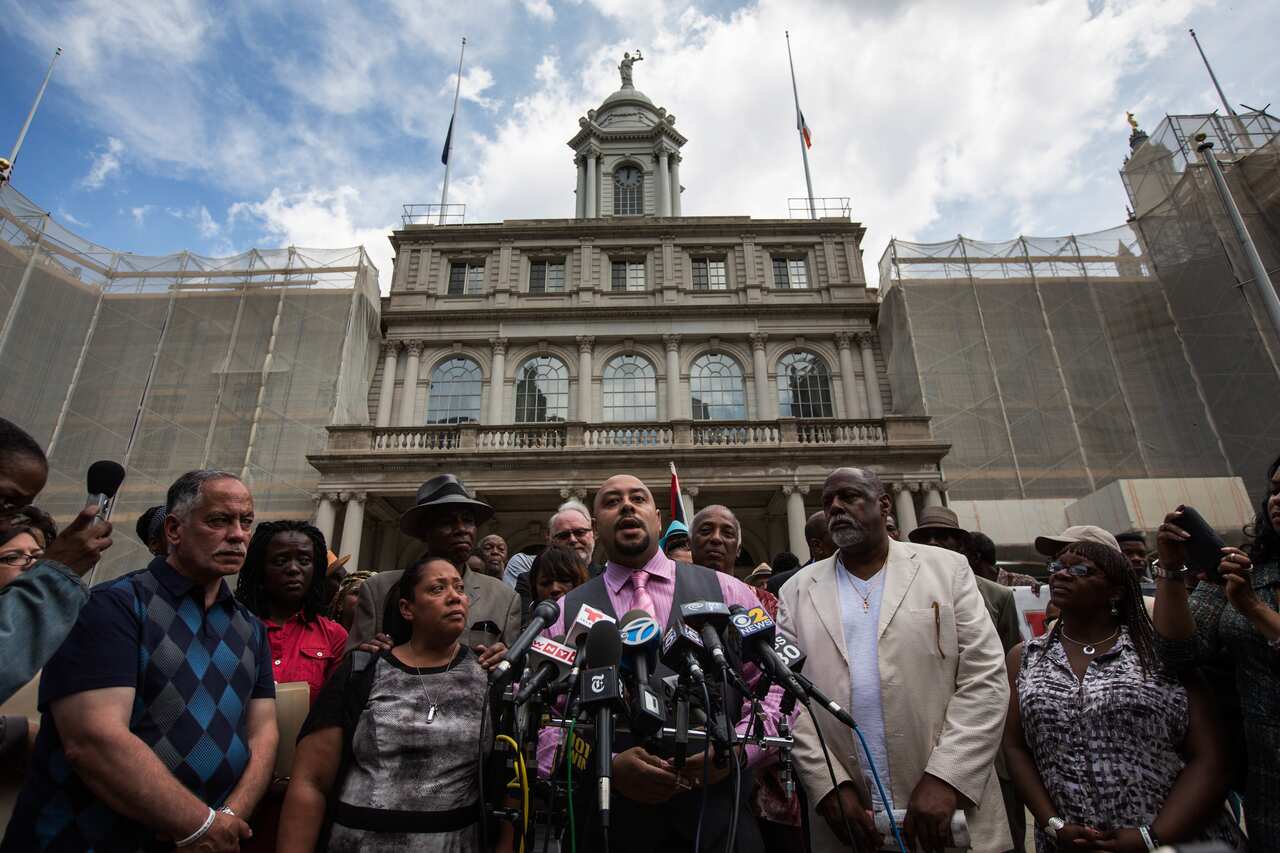 Raymond Santana one of the five men wrongfully convicted speaks at a press conference on city halls' steps after the settlement was announced in June.