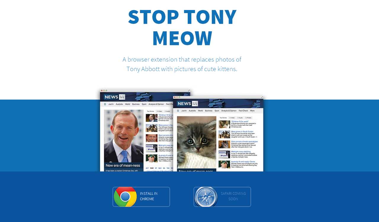 A novelty browser extension released overnight automatically replaces online pictures it can identify of Prime Minister Tony Abbott with a variety of kittens.