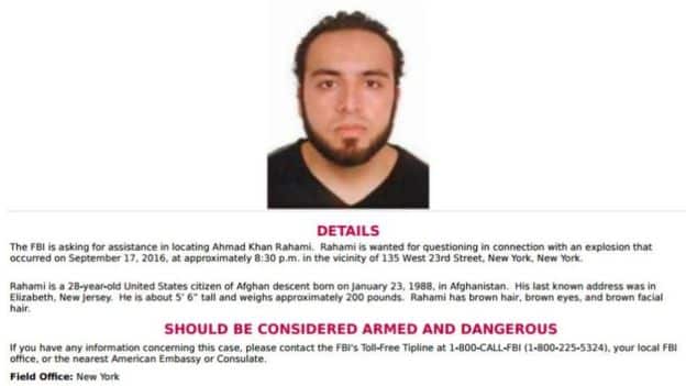 FBI warning about the suspect Ahmad Khan Rahami.