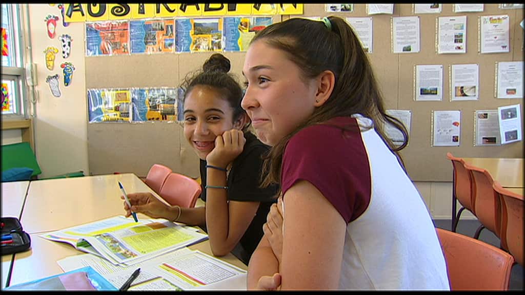 “I’m proud to be Greek and I want to learn it” ... Jacqueline Kosmas at the after-hours Greek Orthodox Community language school with Panayiota Stefanapoulos.