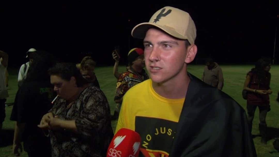 Dylan Voller protested outside the Carrara Stadium. 