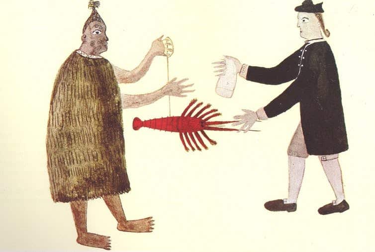 A drawing by Tupaia depicting trade between a Maori man and Joseph Banks.