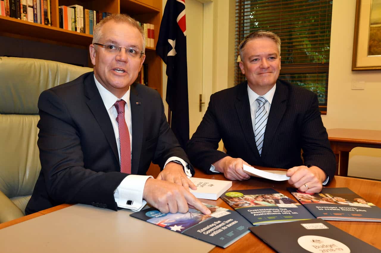 Treasurer Scott Morrison and Minister for Finance Mathias Cormann at a picture opportunity for Budget 2018 at Parliament House in Canberra, Tuesday, May 8, 2018