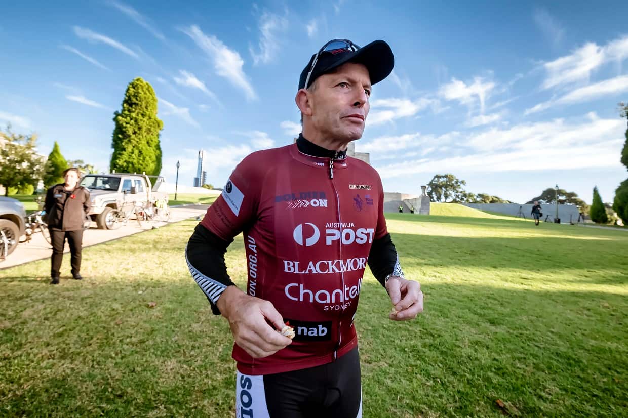 Former prime minister Tony Abbott takes part in the Pollie Pedal Bike Ride on Sunday.