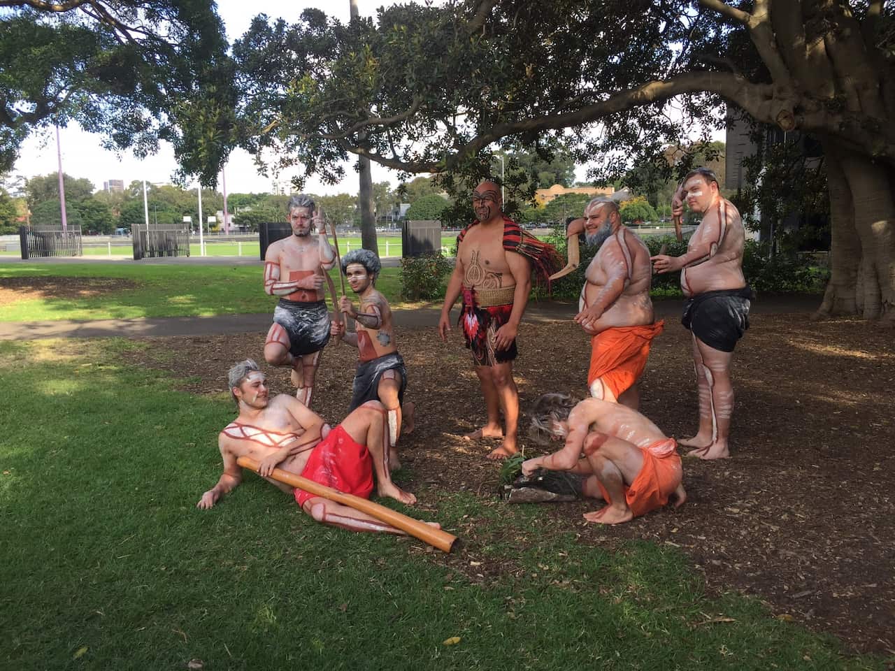 Aboriginal and Maori dancers prepare to perform at the Coloured Diggers Service in Redfern. 
