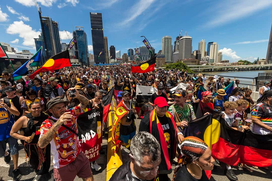 Protestors participate in a Invasion Day March in Brisbane on Australia Day , Friday, January 26, 2018.