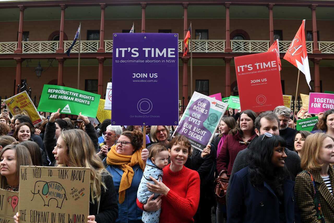 Pro choice advocates and supporters of the Reproductive Health Care Reform Bill outside NSW parliament.
