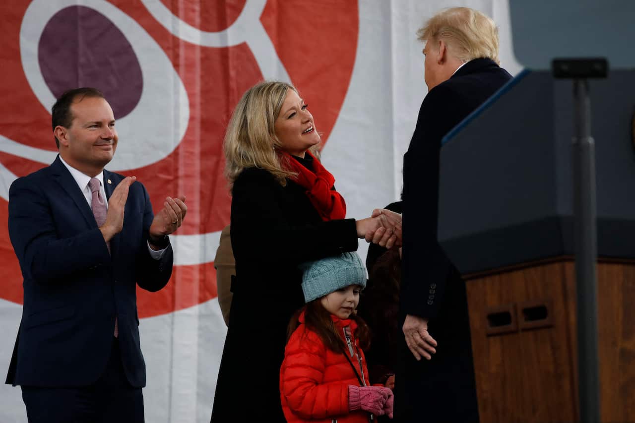President Trump greets participants on stage at the 47th annual March for Life.
