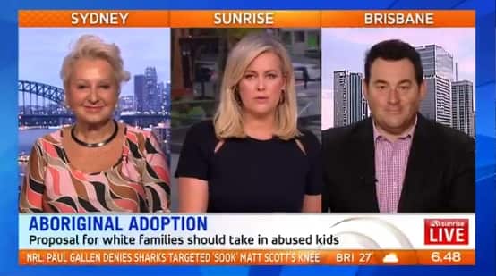 Sunrise, 13 March 2018. Prue MacSween and Ben Davis brought on as panelists to discuss adoption of Aboriginal children. 