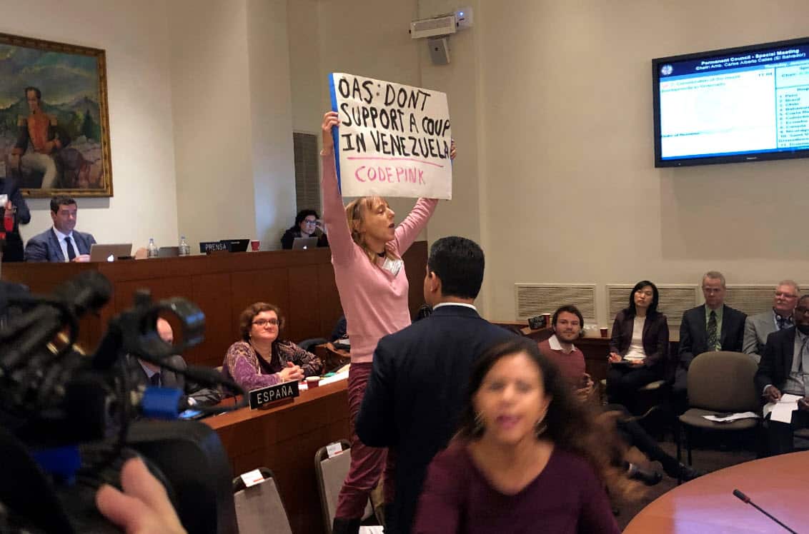 Activist Medea Benjamin with the group Code Pink, heckles remarks by Secretary Pompeo (AAP)