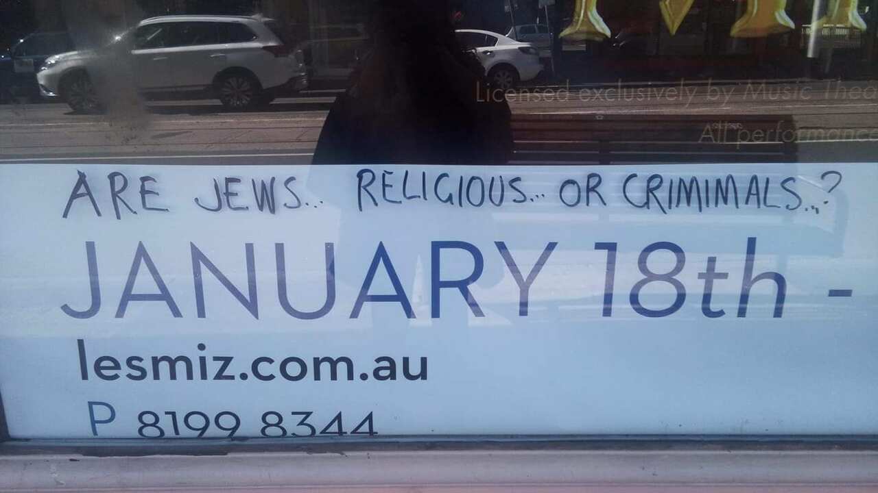 Graffiti discovered on an advertisement for an upcoming production of Les Miserables in St Kilda.