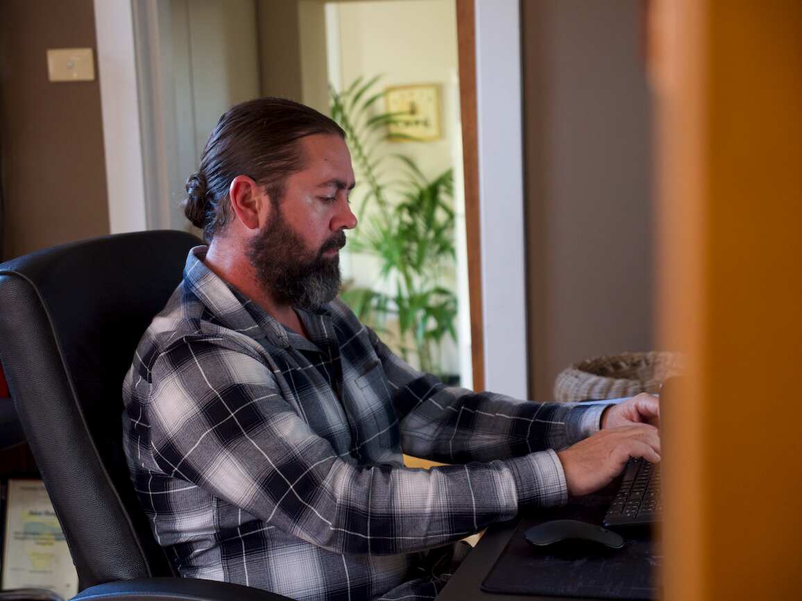 Adam Thompson at home in Launceston.