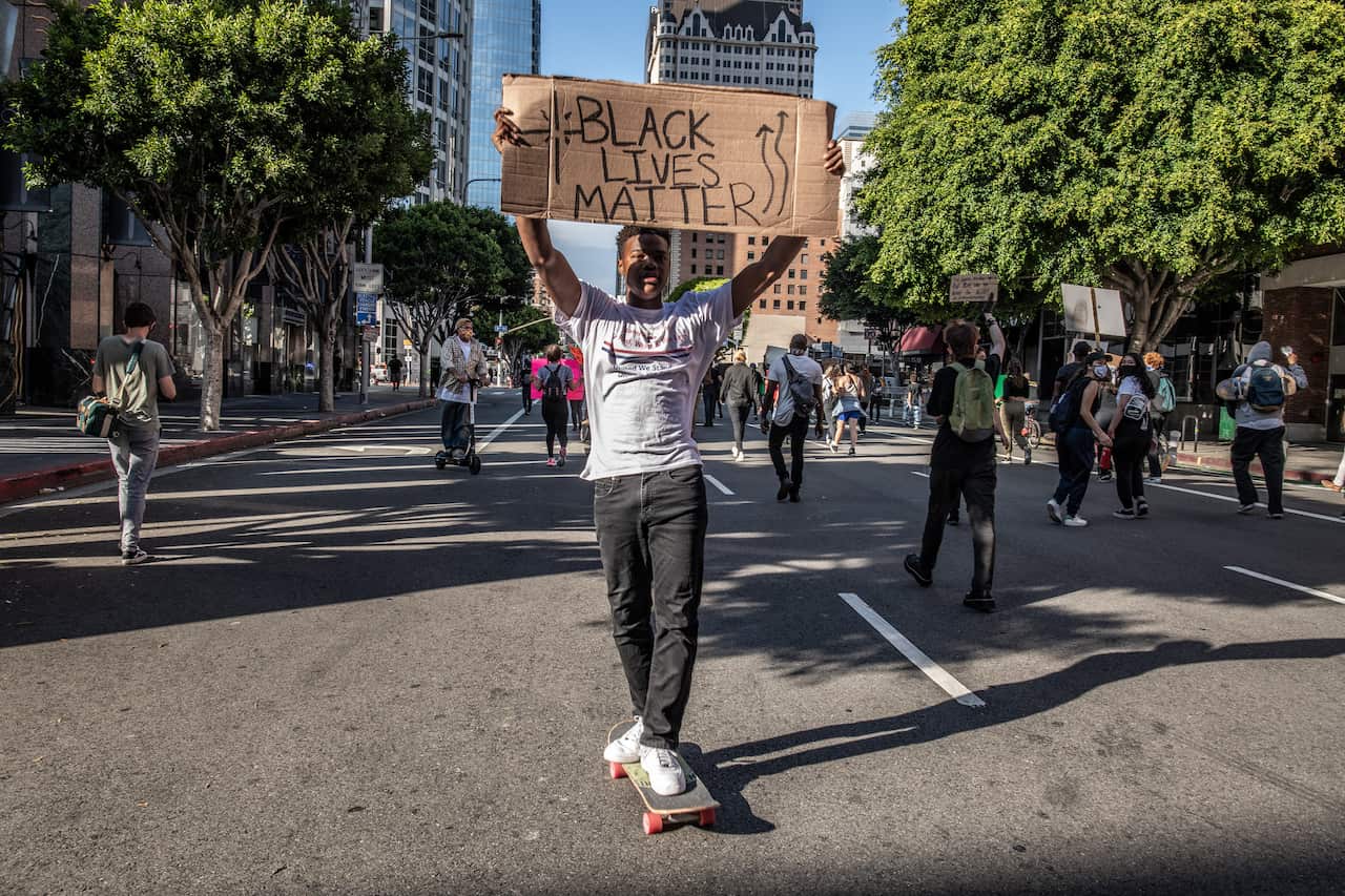 Demonstrators during a rally in Los Angeles, May 29, 2020. (Bryan Denton/The New York Times)